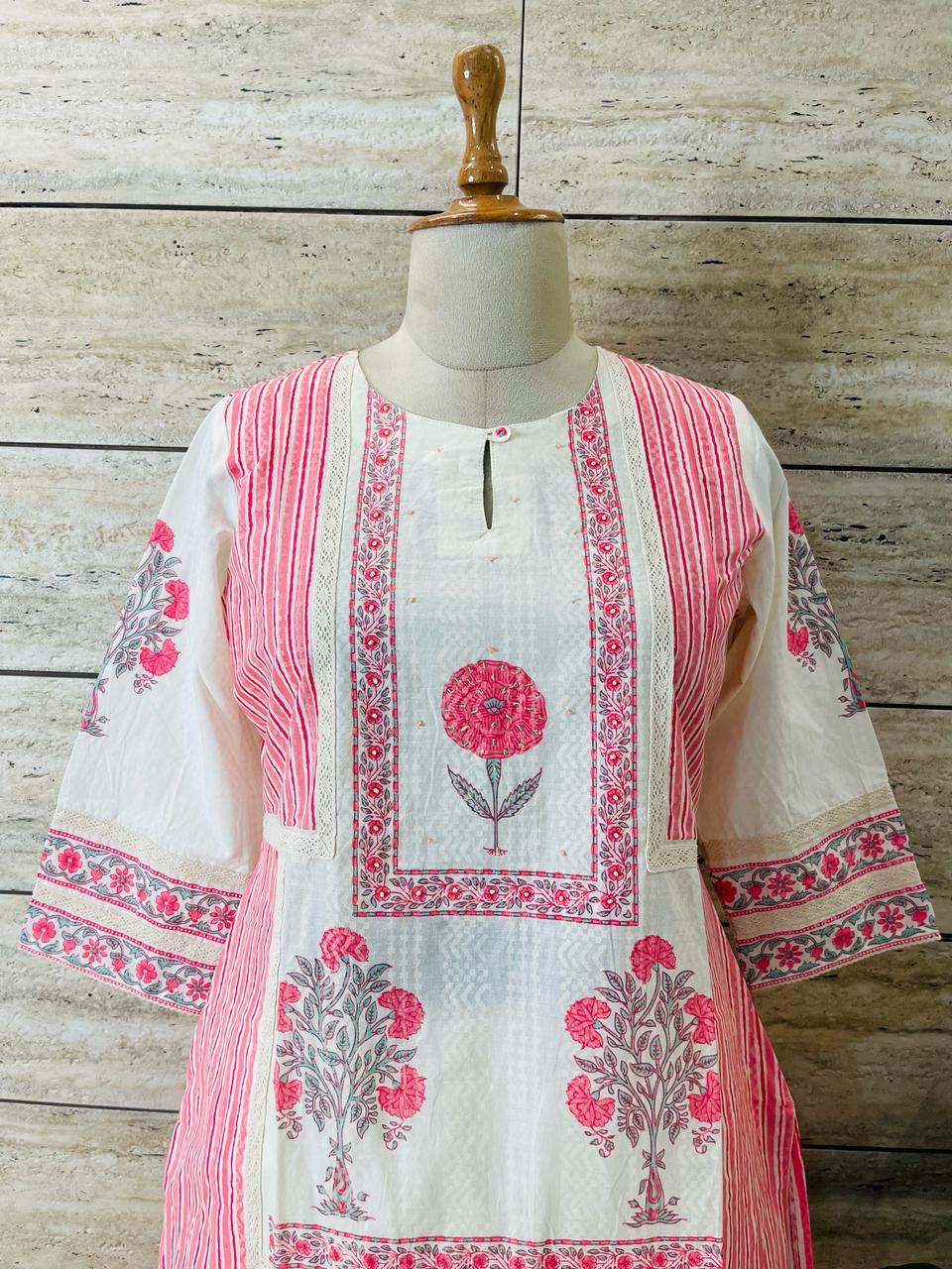 Rose Pink Handblock Printed Pure Cotton Dupatta Set