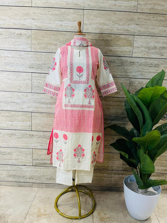 Rose Pink Handblock Printed Pure Cotton Dupatta Set