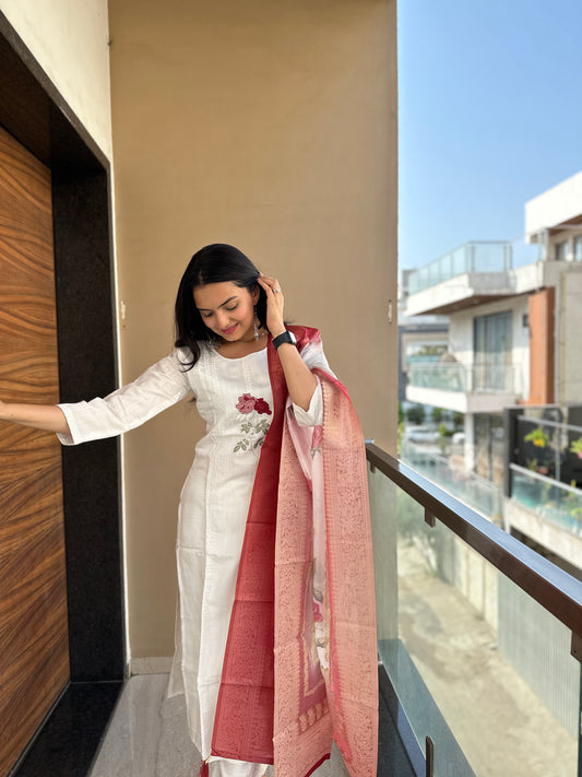 Pure White Rose Work Kurta Pant Set