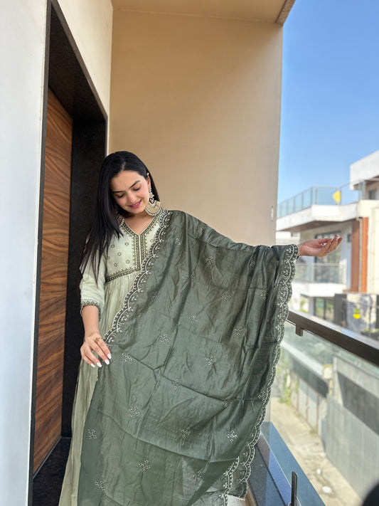 Pista Green Muslin Cotton Nyra Cut Kurta Palazzo Set