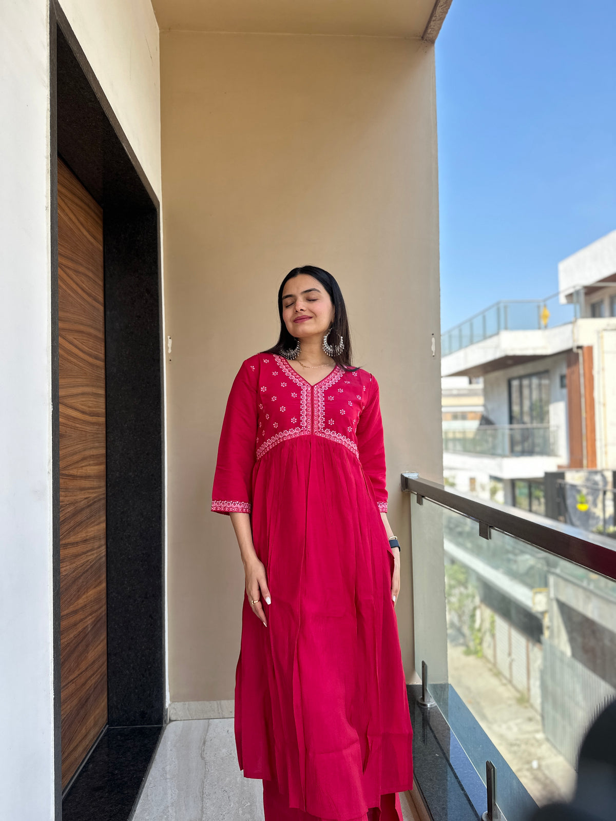 Rose Red Embroidered Muslin Cotton Kurta Palazzo Set