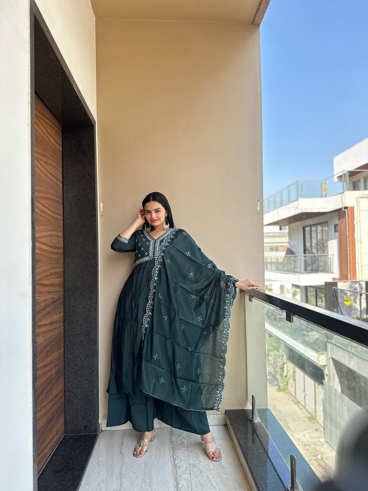 Mystic Green Full Embroidered Muslin Cotton Kurta Palazzo Set