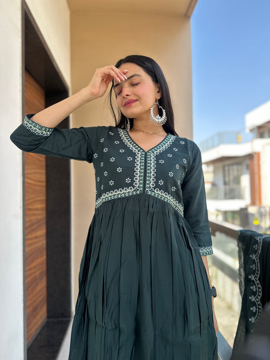 Mystic Green Full Embroidered Muslin Cotton Kurta Palazzo Set