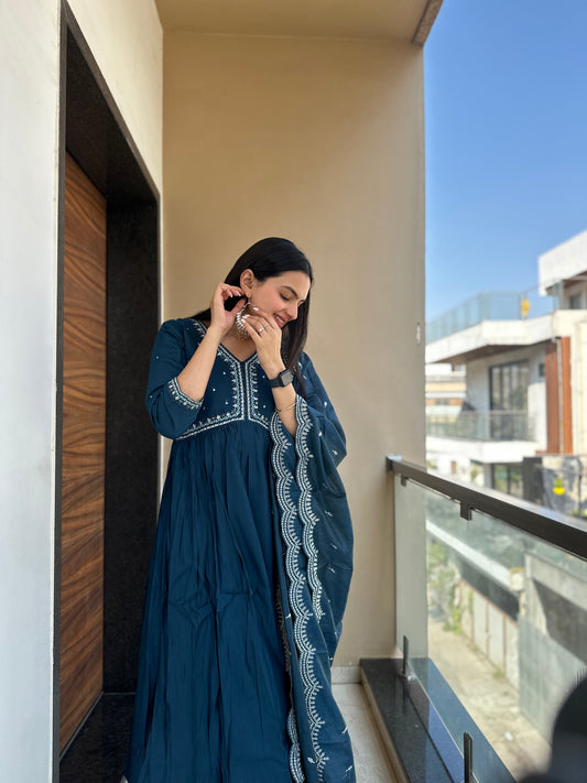 Siya Blue Muslin Cotton Nyra Cut Kurta Palazzo Set
