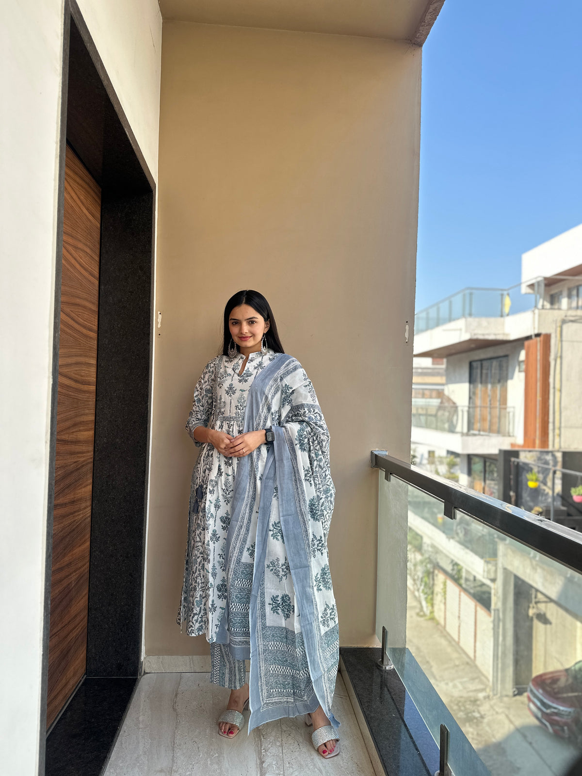 Anamika White & Grey Printed Pure Cotton Nyra Cut Kurta Pant Set