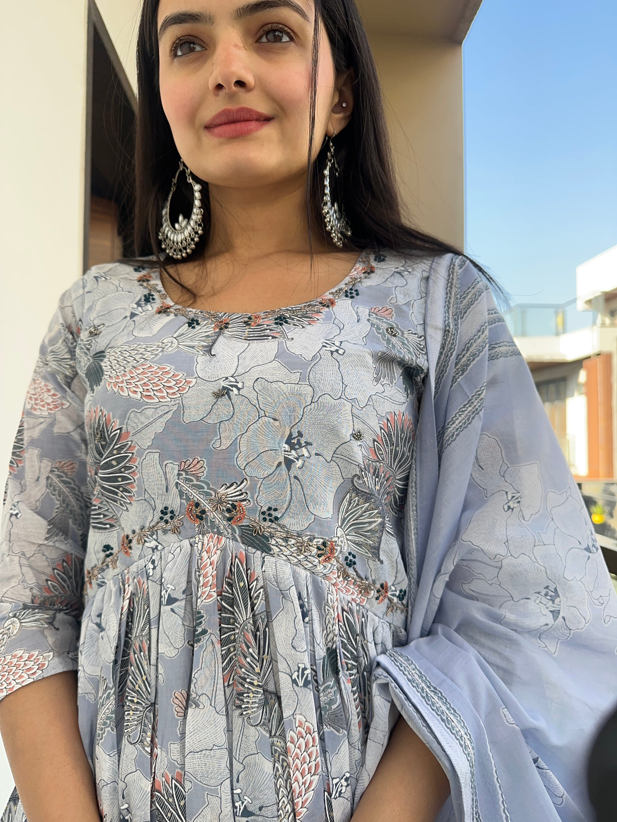 Pearl Blue Mulmul Cotton handwork Suit Set