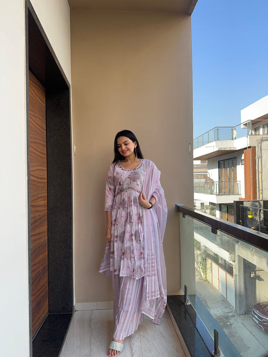 Baby Pink Mulmul Cotton Kurti Palazzo Set