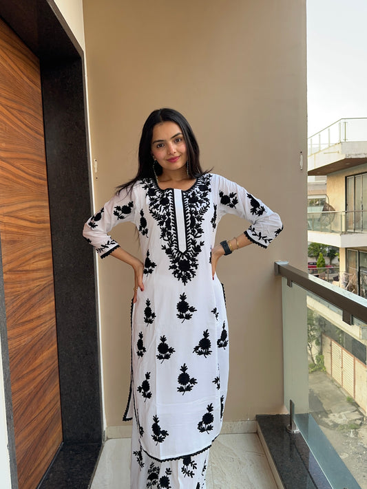 Anusha Pure White & Black Embroidered Mul Cotton Co-ord Set
