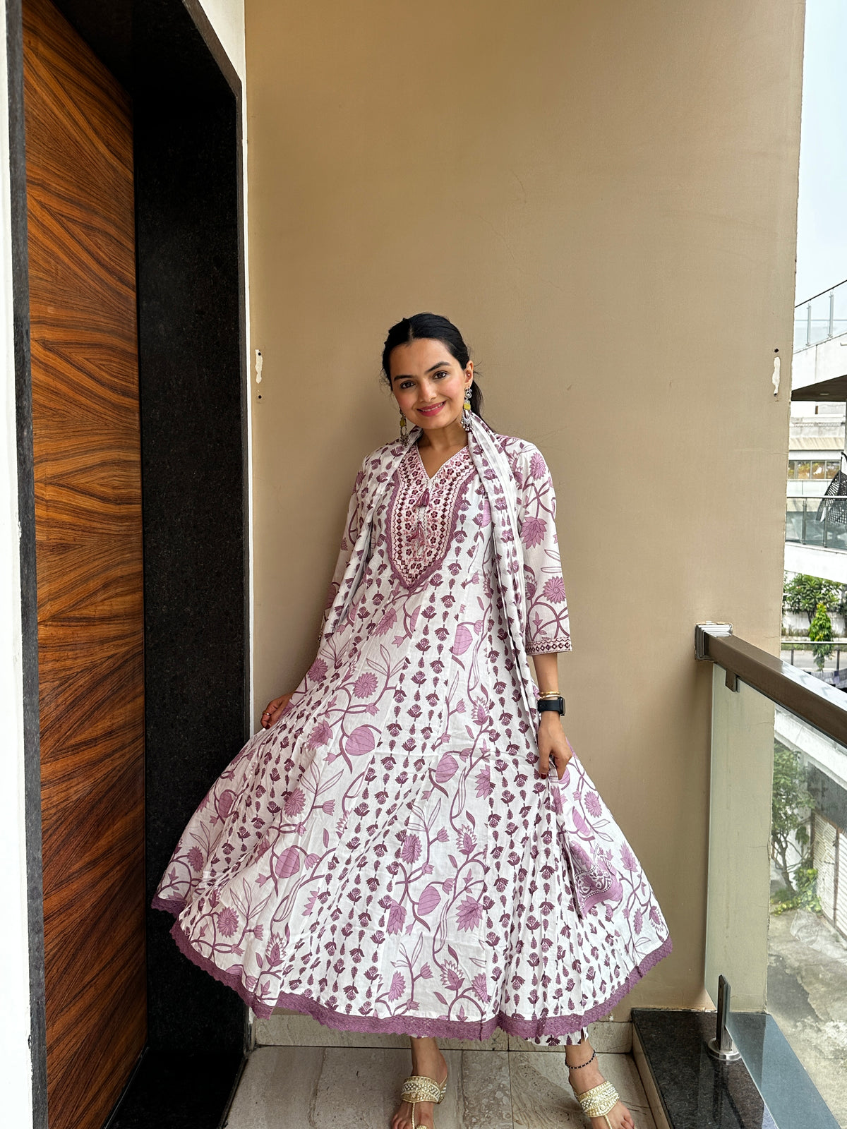 Anaya White & Purple Pure Cotton Anarkali Suit Set