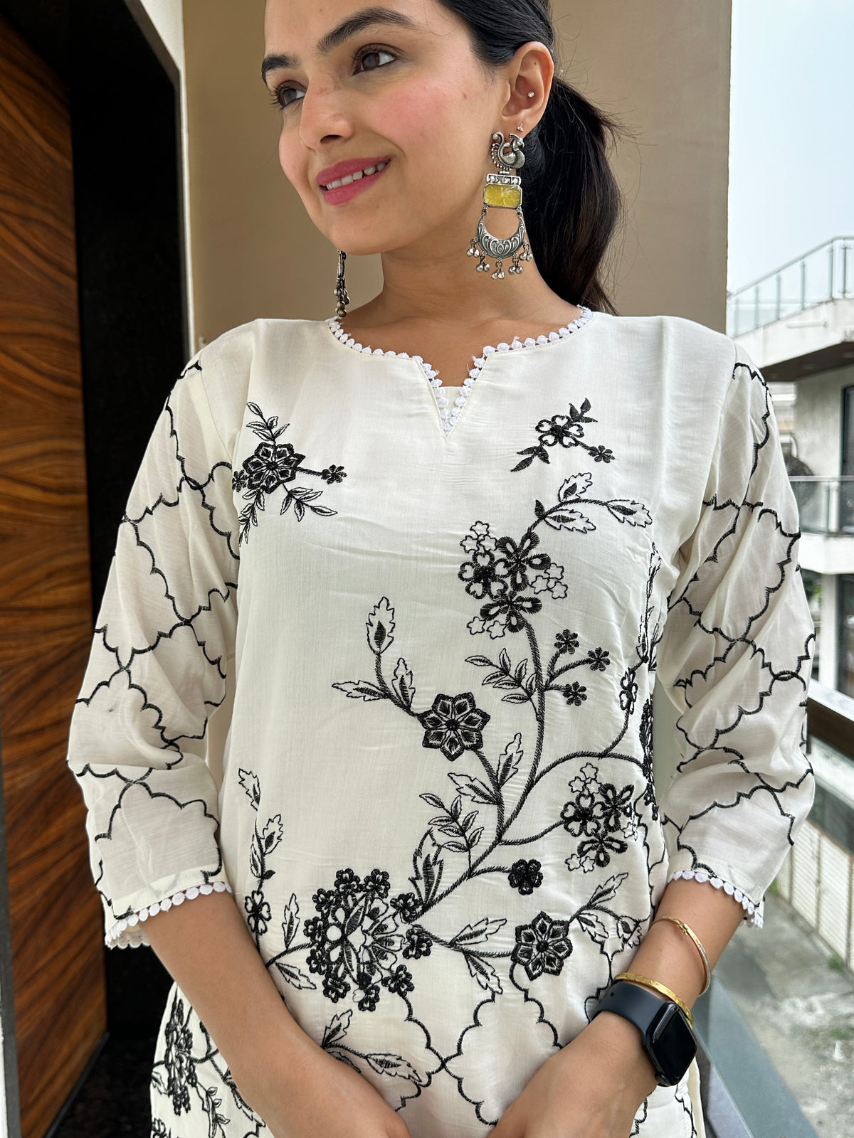 Mystic White & Black Thread Work Kurta Pant Set