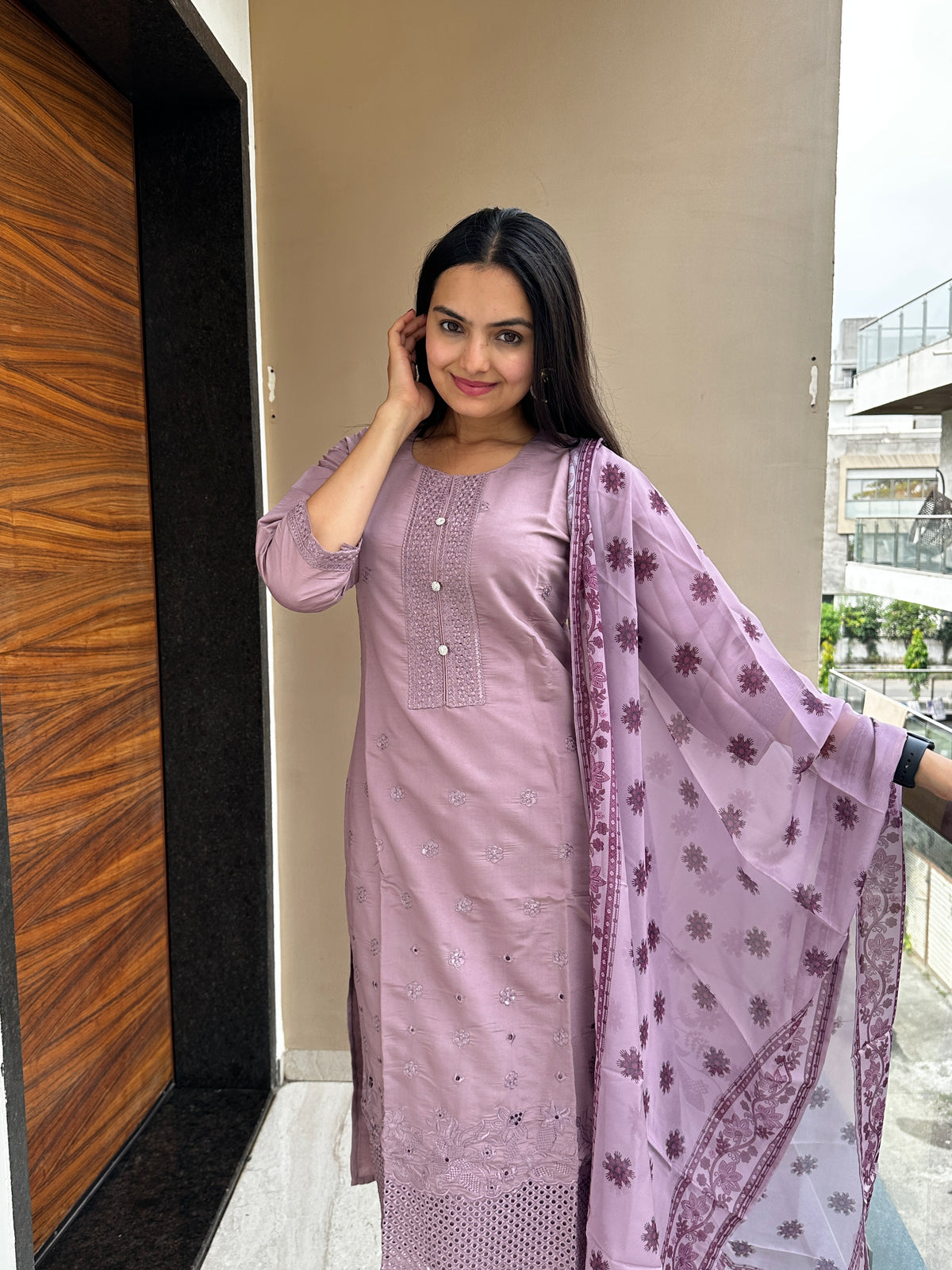 Lilac Purple Cut Work Kurta Pant Set