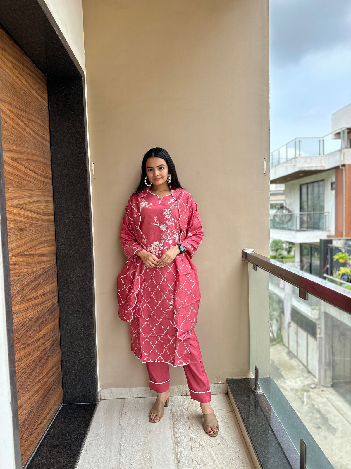 Flamingo Pink Embroidered Cotton Kurta Pant Set