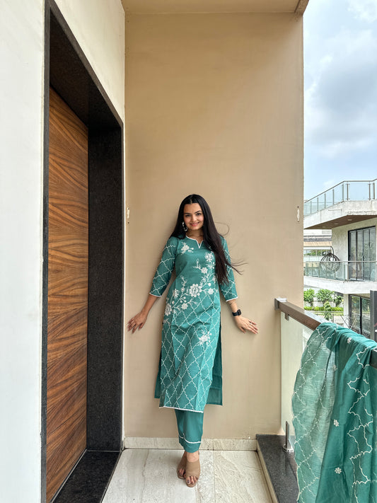 Turquoise Green Full Embroidered Kurta Pant Set