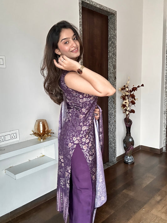 Wineberry Printed Velvet Muse Kurta Pant Set