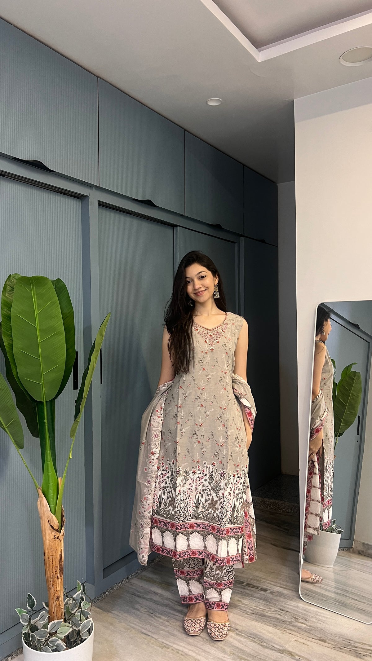 Misty Blossom — Grey Floral Printed Suit Set with Dupatta