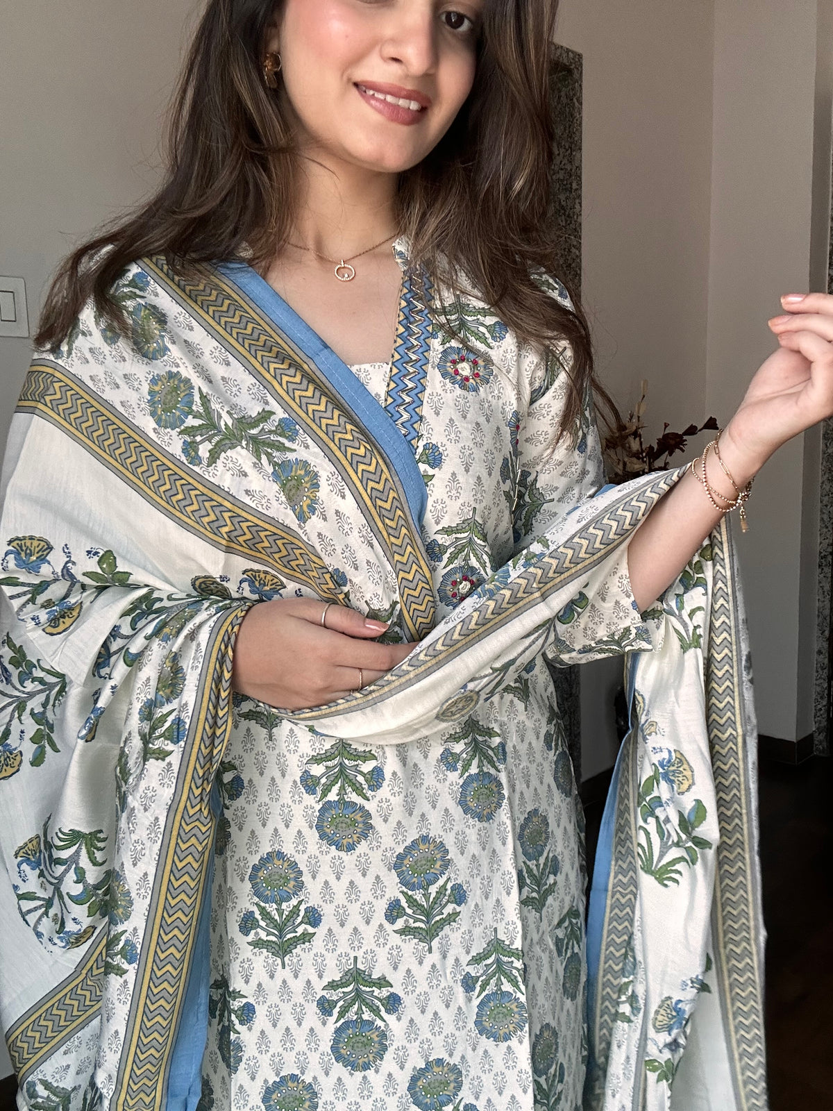 Creamy White Handblock Printed Pure Cotton Kurta Pant Set