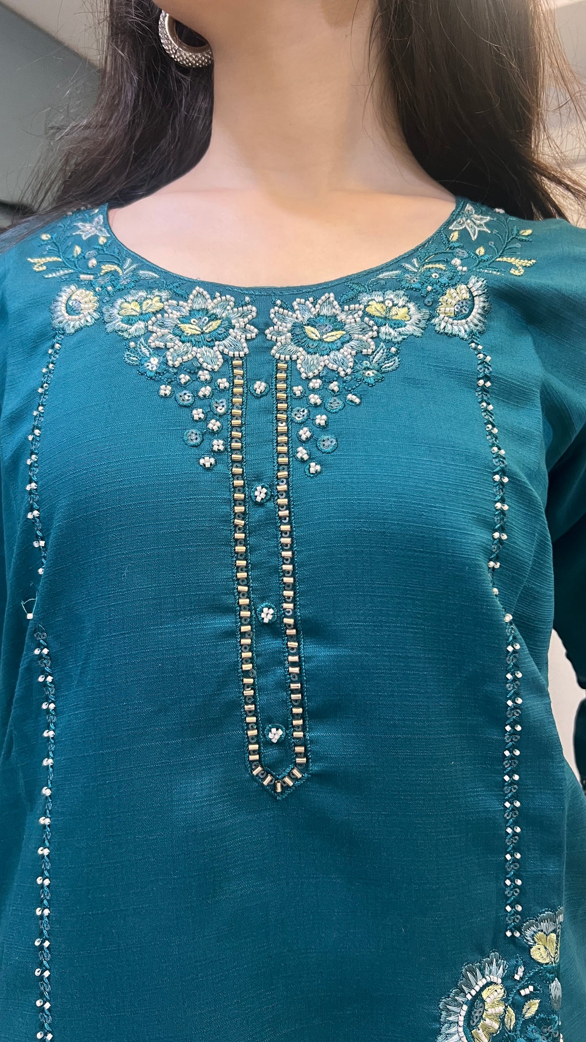 Teal Noor – Floral Embroidered Kurta Pant Set with Printed Dupatta