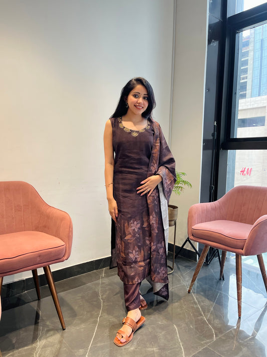 Moocha Brown Mulmul Cotton Printed Suit Set