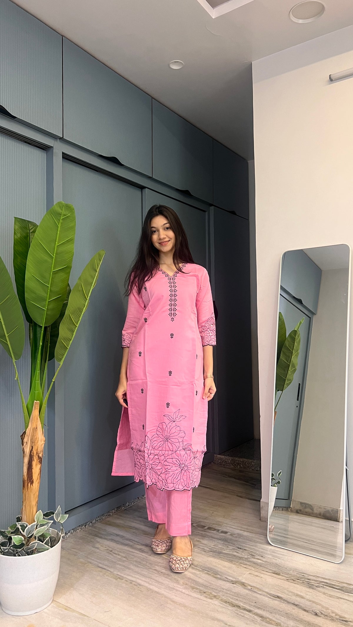 Pink Rose — Floral Thread Work Suit Set with Dupatta