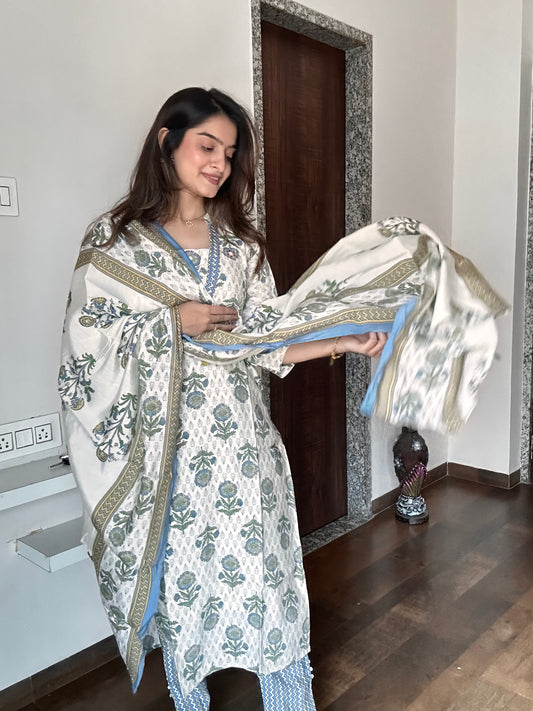 Creamy White Handblock Printed Pure Cotton Kurta Pant Set