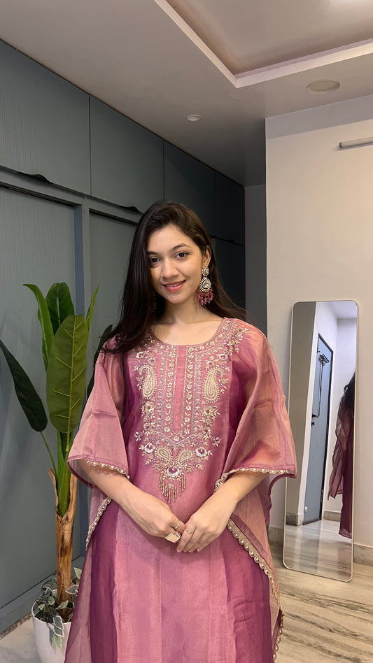 Rose Royale – Premium Crush Tissue Handwork Kaftan Set