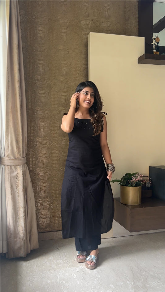 Midnight Black Cotton Sleeveless Kurta Palazzo Set
