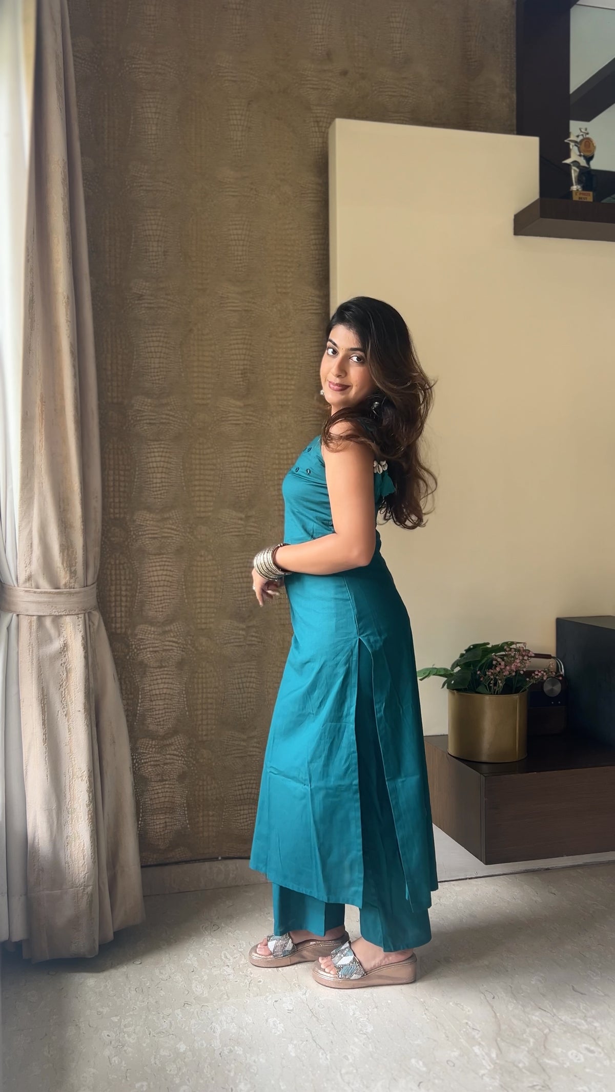 Aquamarine Blue Cotton Sleeveless Kurta Palazzo Set