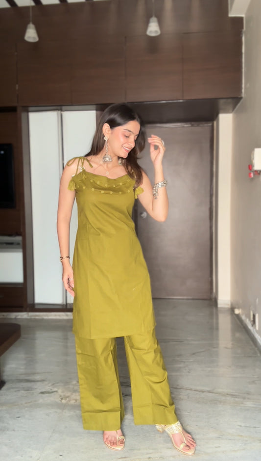 Olive Green Pure Cotton Sleeveless Co-ord Set