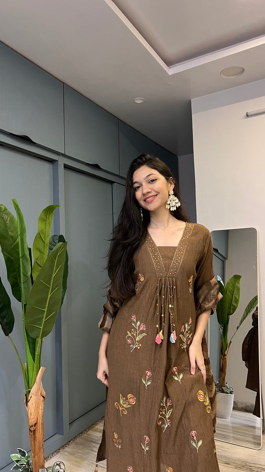 🤎 Espresso Bloom – Crush Textured Floral Embroidered Palazzo Suit Set with Dupatta