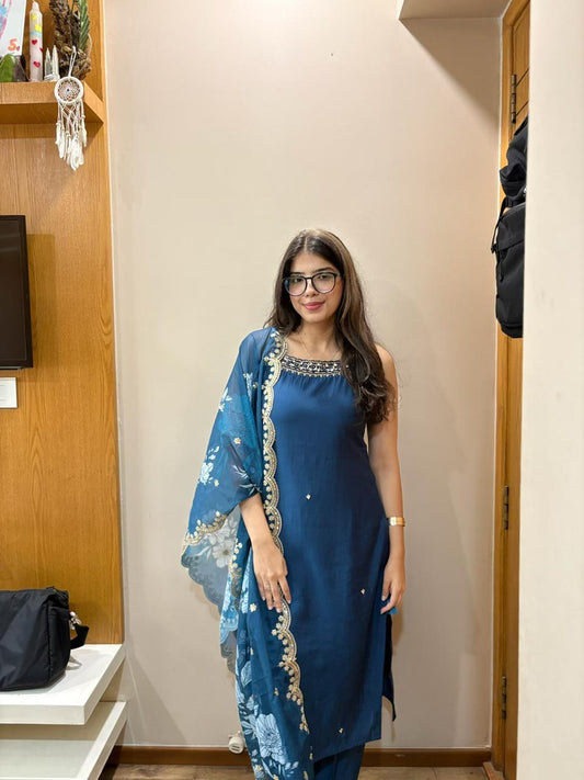 Sapphire Blue Handwork Kurta Pant Set