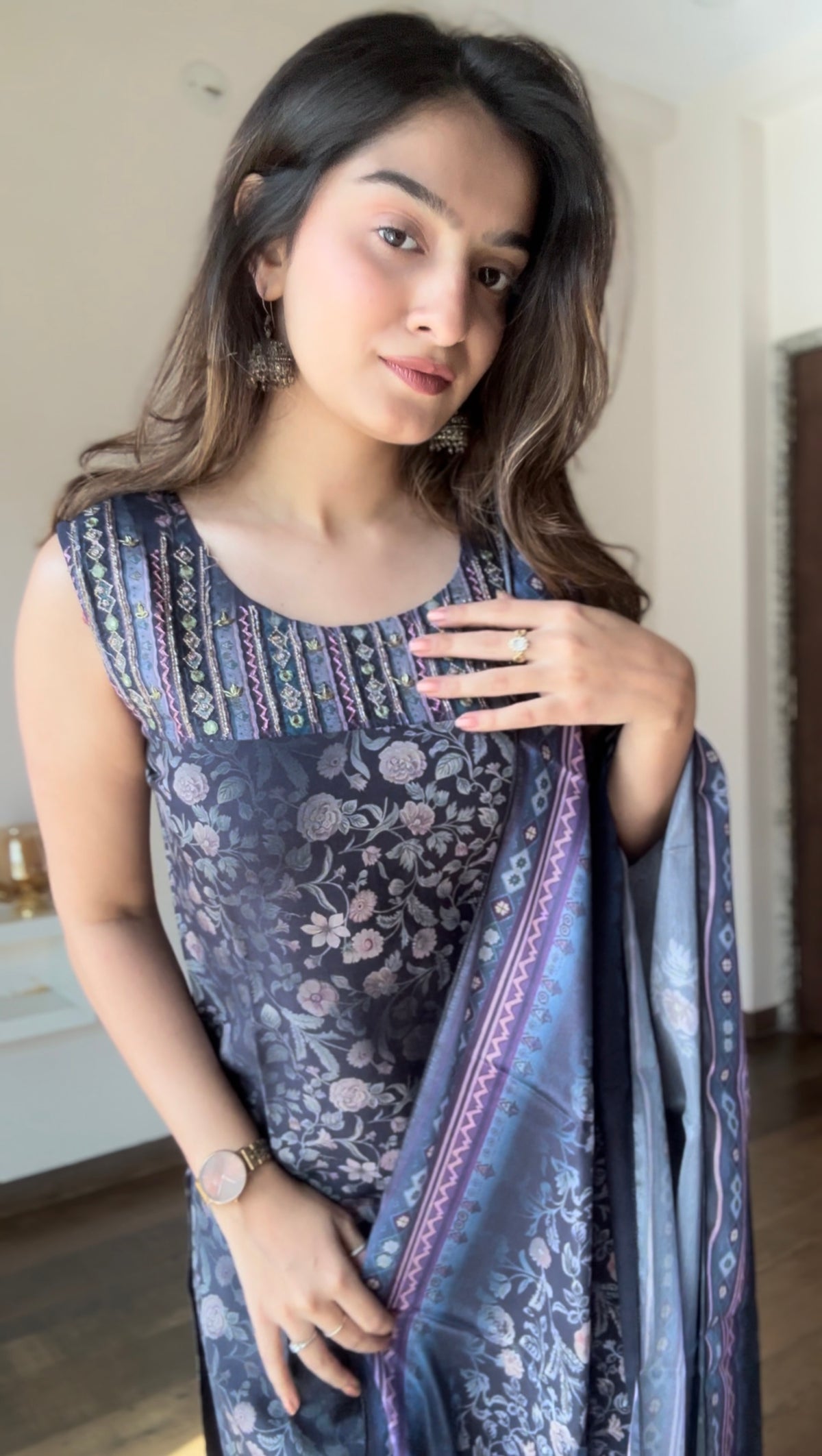 Sapphire Blue Printed Velvet Muse Kurta Pant Set