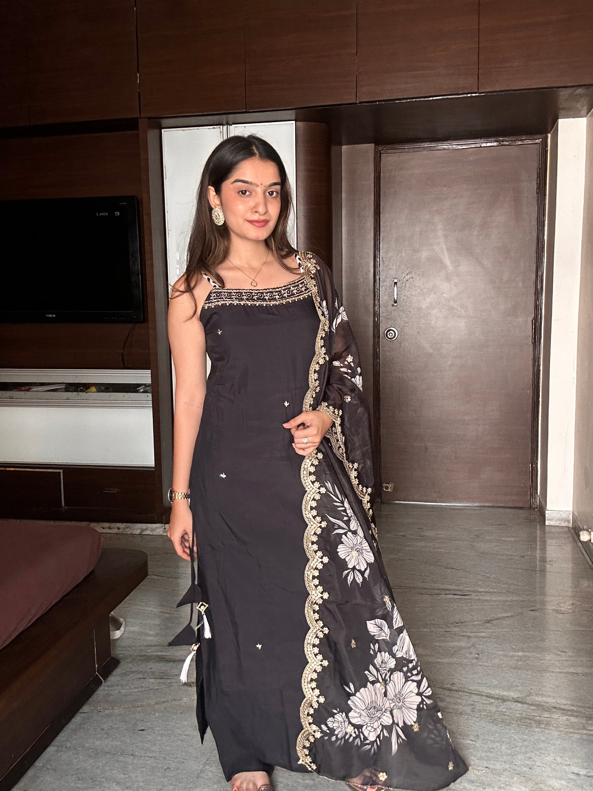 Space Black Sleeveless White Handwork Kurta Palazzo Set
