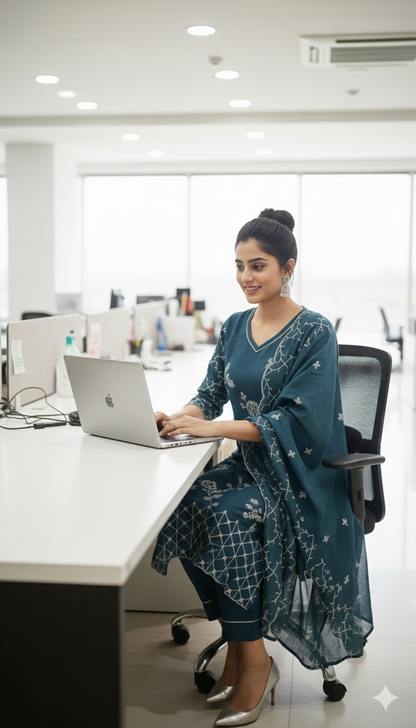 Serene Teal Chikankari Kurta Pant Set