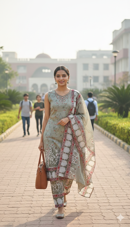 Ivory Mist Grey Gulnaar Printed Suit Set