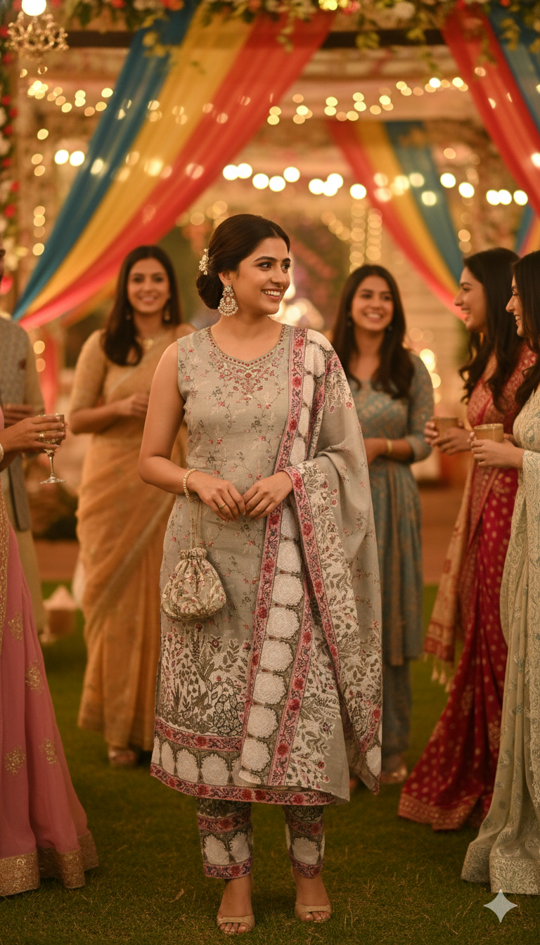 Ivory Mist Grey Gulnaar Printed Suit Set