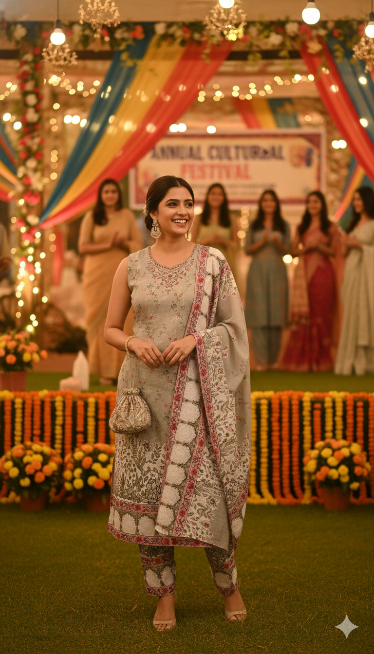 Ivory Mist Grey Gulnaar Printed Suit Set