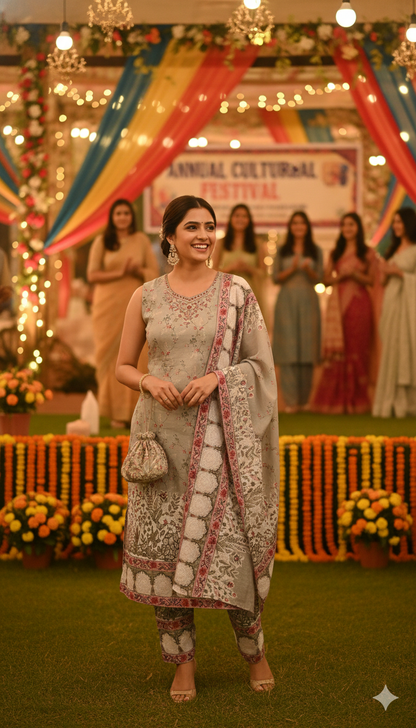 Ivory Mist Grey Gulnaar Printed Suit Set