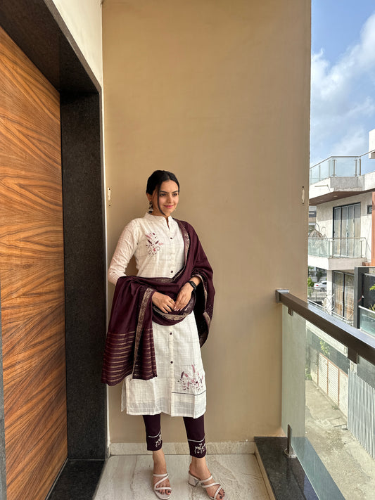 Pure White & Mystic Brown Pure Cotton Kurta Pant Set