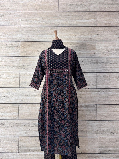 Space Black Printed Pure Cotton Kurta Pant Set