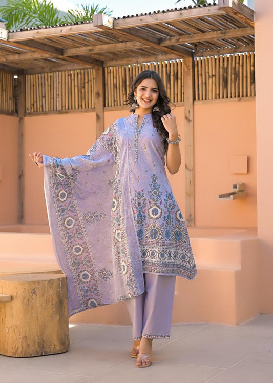 Lilac Purple Printed Pure Cotton Kurta Palazzo Set