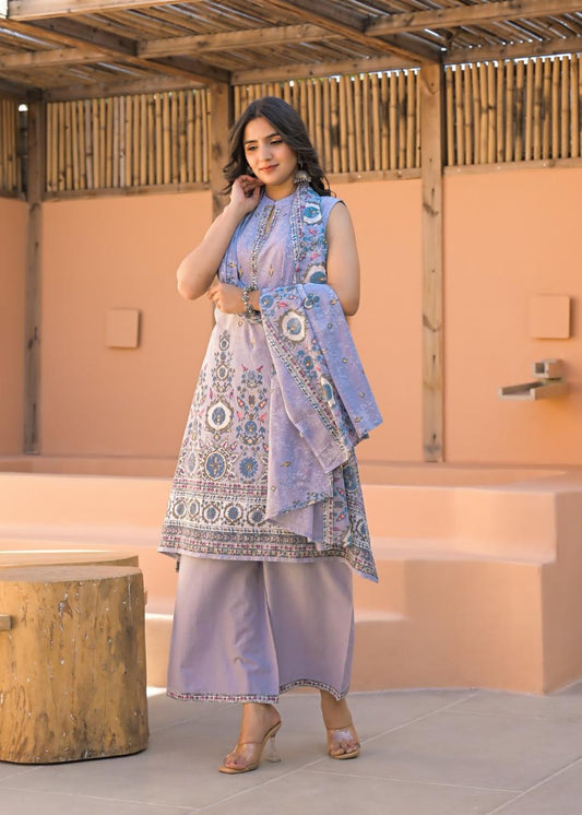 Lilac Purple Printed Pure Cotton Kurta Palazzo Set