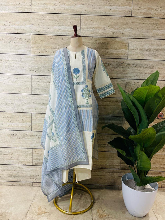 Blue Rose Handblock Printed Pure Cotton Dupatta Set