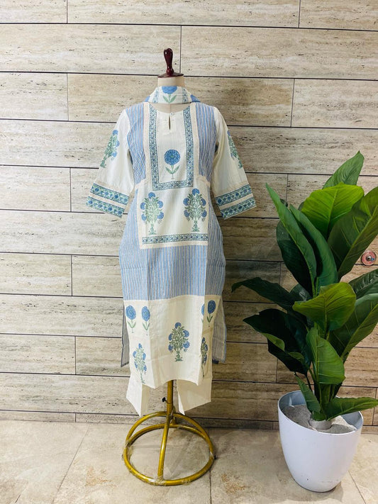 Blue Rose Handblock Printed Pure Cotton Dupatta Set