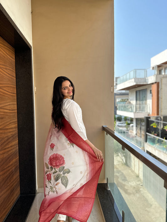 Pure White Rose Work Kurta Pant Set