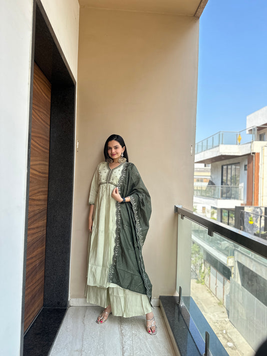 Pista Green Muslin Cotton Nyra Cut Kurta Palazzo Set