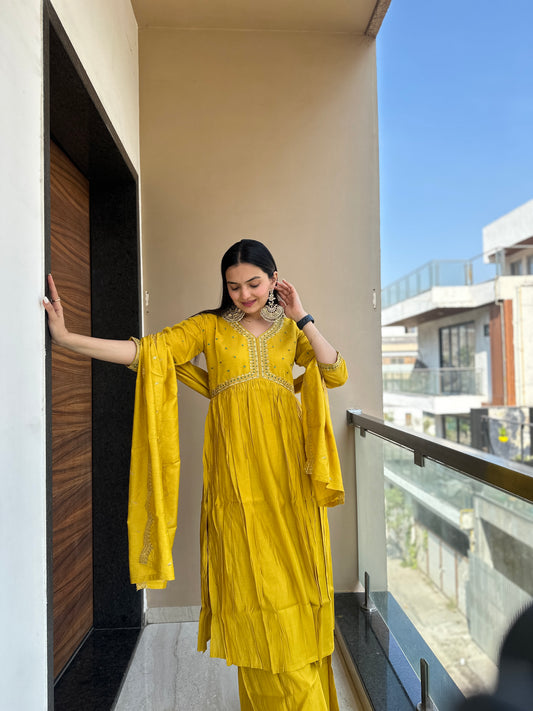 Sunshine Yellow Handwork Muslin Cotton Nyra Cut Kurta Palazzo Set