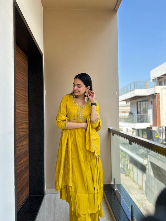 Sunshine Yellow Handwork Muslin Cotton Nyra Cut Kurta Palazzo Set