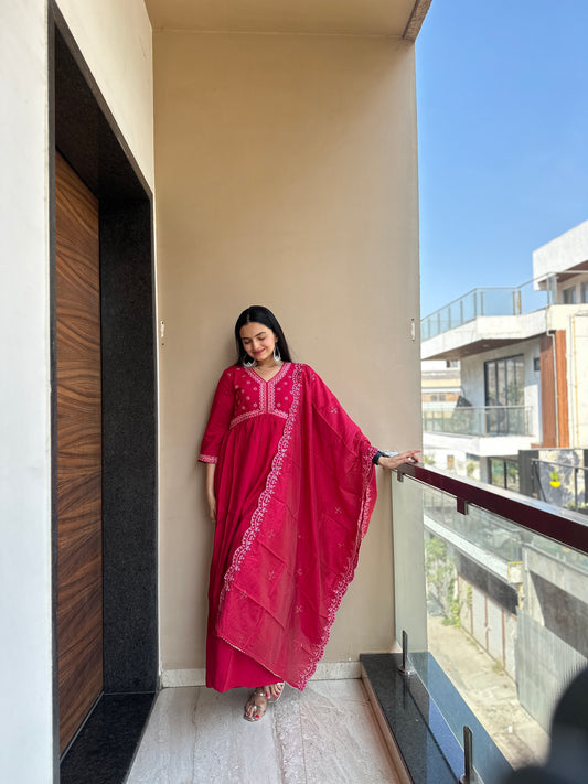 Rose Red Embroidered Muslin Cotton Kurta Palazzo Set