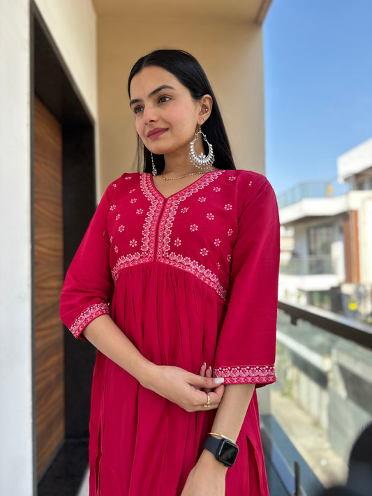 Rose Red Embroidered Muslin Cotton Kurta Palazzo Set