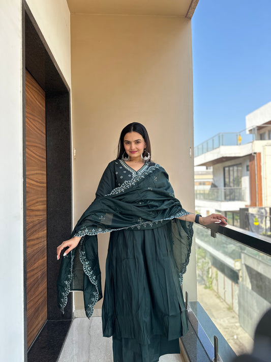 Mystic Green Full Embroidered Muslin Cotton Kurta Palazzo Set